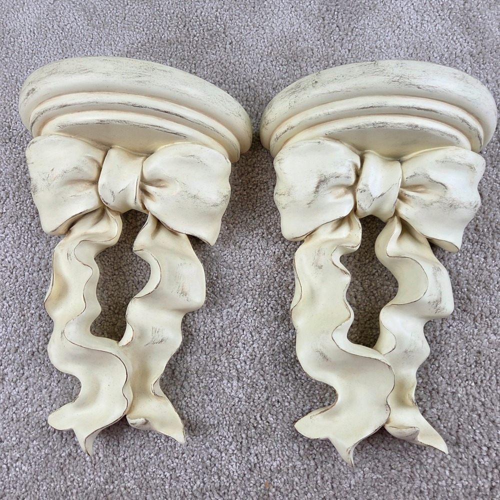 Vintage Style Bow Ribbon Wall Corbel Shelves Set of 2 Cream Distressed Sconces